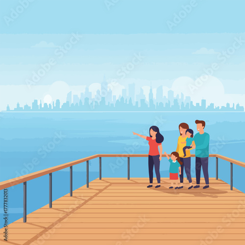 A happy family of four standing on a wooden pier looking at a city skyline across the water.
