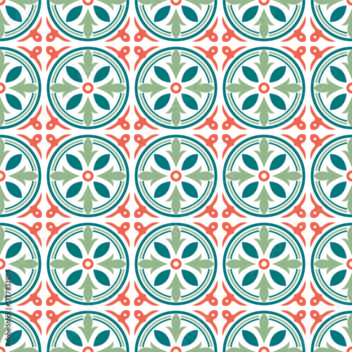 Geometric Repetitive Pattern with Floral Medallions and Red Accents Ornament
