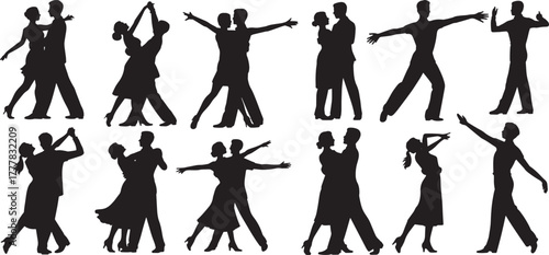 Dancing couple silhouettes vector set. Happy couple dancing together vector silhouette set.