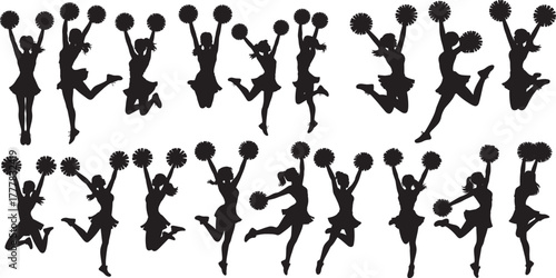 Cheerleader Silhouette Big Set. Cheerleader group dancing with pompom editable vector illustration