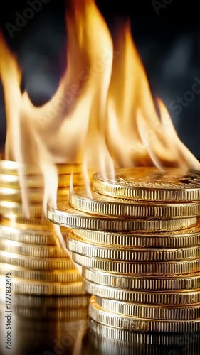 Stacks of coins on fire create stunning visual with dramatic flames and shimmering gold in a dark background