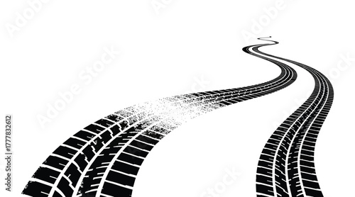 Winding tire tracks on white background a grunge illustration of vehicle movement, road texture, and the impression of a journey through dirt and mud