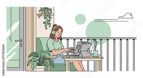 Illustration of a young woman working from home on her balcony with a computer