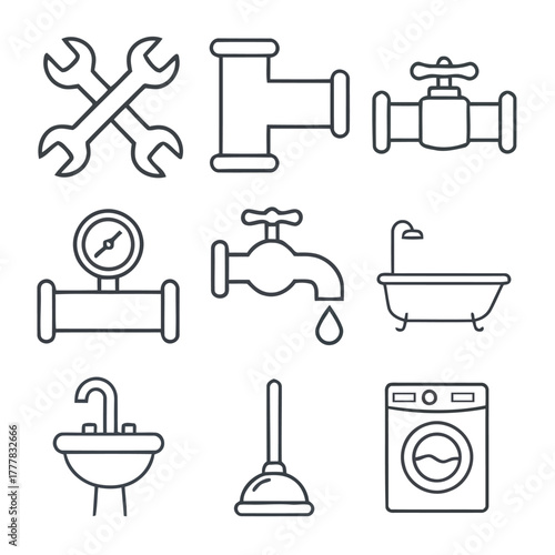 Collection of plumbing and bathroom icons in a clean line art style