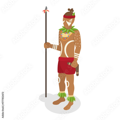 3D Isometric Flat Vector Set of Native Tribal People, Aboriginal Men. Item 5