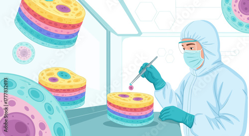 Illustration of researcher analyzing cell structure in a laboratory setting for scientific