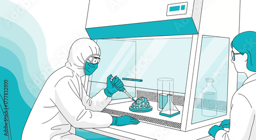 Illustration of scientists working in a laboratory with protective equipment and lab instruments