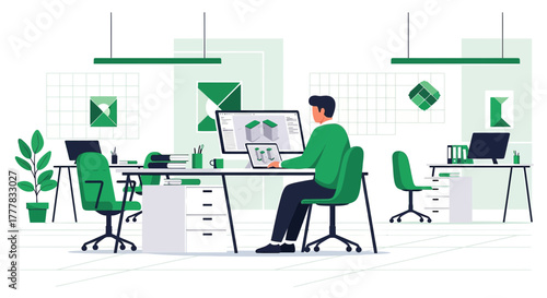 Illustrative depiction of a modern office space featuring an engineer working on 3D models at his