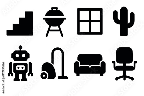 Set of black silhouette home and office icons including furniture and appliances