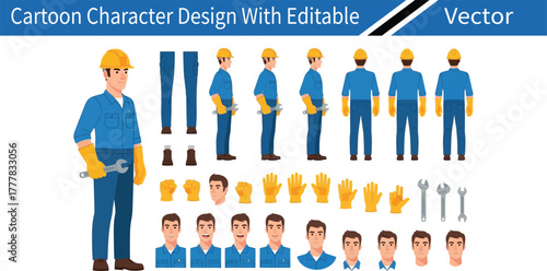 Cartoon construction worker character design with multiple poses and accessories for your project