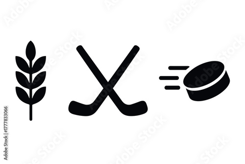 Minimalist icons of wheat, hockey sticks, and puck in silhouette style