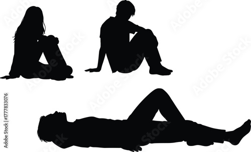 Three Black Silhouettes of People in Relaxed Poses on White Background woman sitting