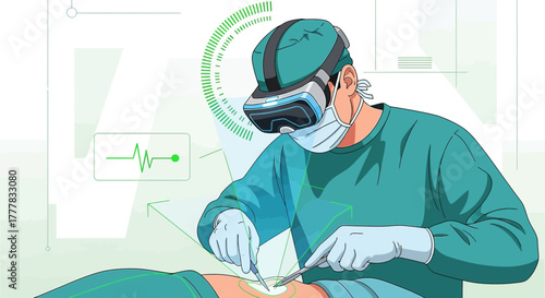 Illustrative depiction of a surgeon using virtual reality during surgery procedure advancement of