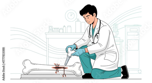 Illustrative depiction of a surgeon preparing for a bone implant surgery showcasing medical