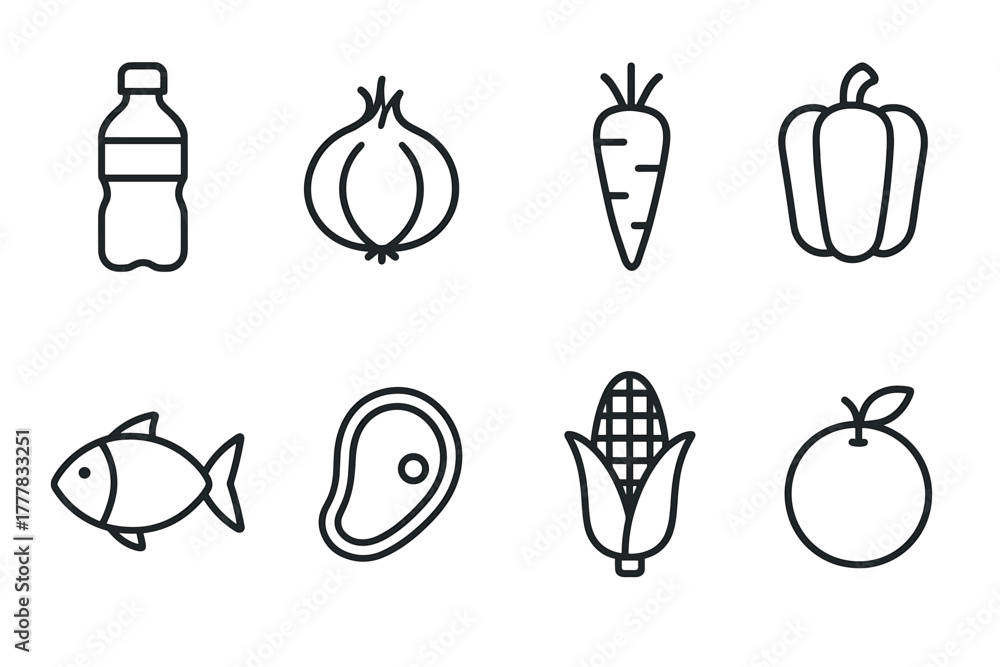 Fototapeta premium Minimalist food outline icons vegetables, fruits, meat, fish, beverage