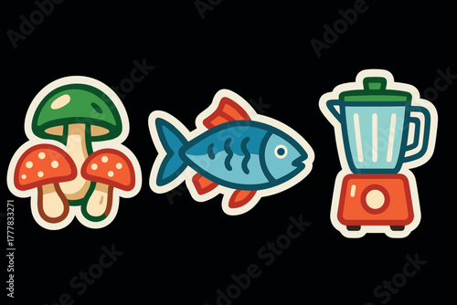 Colorful sticker set of mushroom, fish, and blender icons on black background