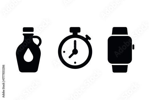 Silhouette icons of bottle, stopwatch, and smartwatch for minimalist designs