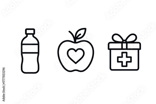 Minimalist icons of health water bottle, heart apple, medical gift box