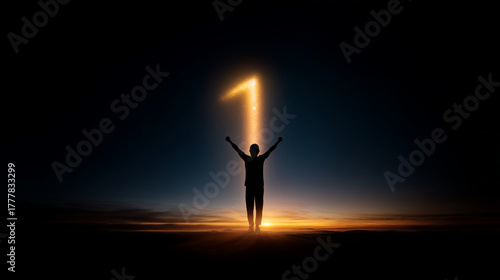 Silhouette of a person standing under a giant glowing number 