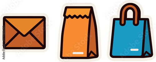 Colorful sticker style icons of envelope, paper bag, and shopping bag on gradient background