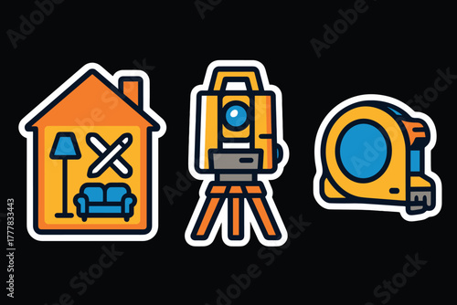 Colorful flat icon set of home renovation tools on black background