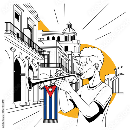 Young man playing trumpet on Cuban street with historic buildings  