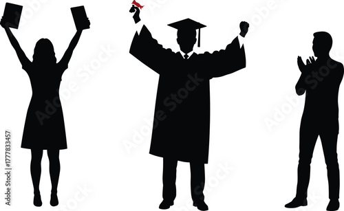 Three Silhouettes Celebrating Graduation Holding Diplomas and Wearing Caps gown celebration