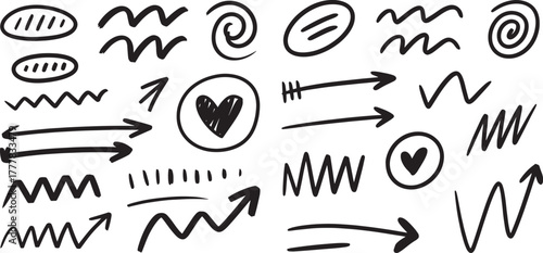 Collection of hand drawn doodle arrows, heart, lines, and shapes for various design, vector illustration