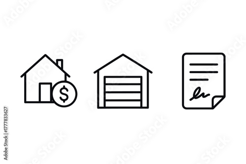 Minimalist real estate icons home, garage, signed document