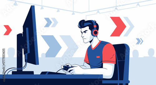 Intense gamer illustration focused on concentration and competitive esports playing session