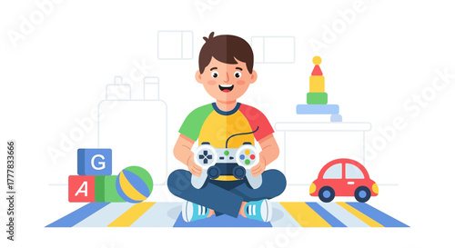 Joyful boy playing video games at home with toys in the background flat vector illustration design