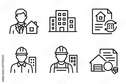 Real estate and construction icons set in minimalist line art style