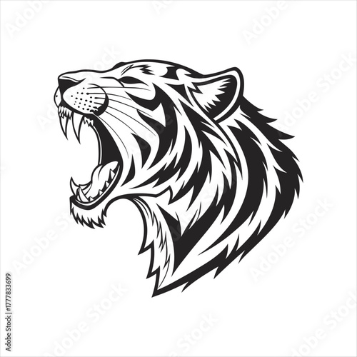 Roaring Tiger Head Vector Illustration in Black and White