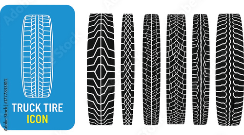 A collection of truck tire tread patterns displayed as icons, showcasing various designs for different vehicle types and road conditions, isolated on white background