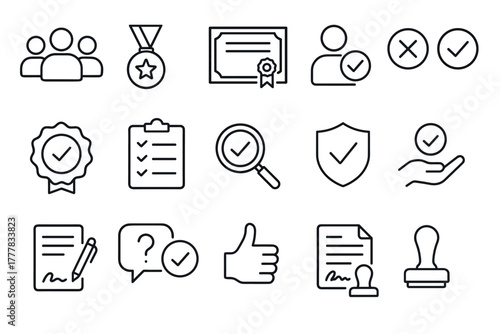 Minimalist icons for business success certification, approval, and productivity essentials