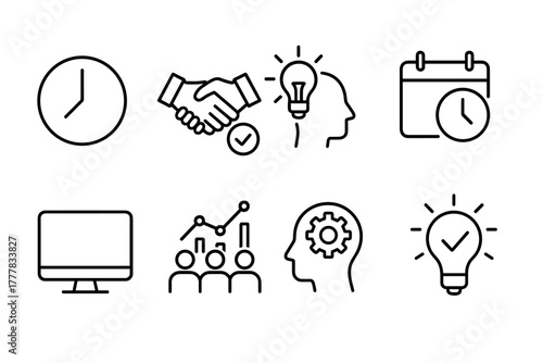 Essential business and productivity icons in modern linear style