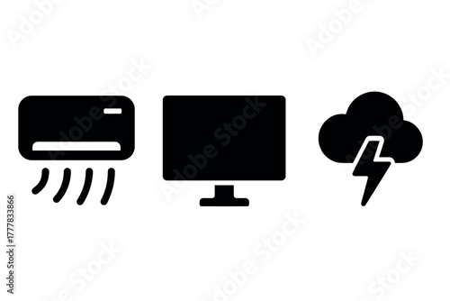 Minimalist icons air conditioning, computer monitor, and storm cloud silhouettes