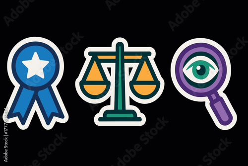 Colorful sticker icons of award ribbon, justice scales, and magnifying glass on black background