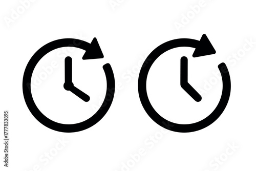 Black clock and arrow symbols indicating time and refresh concepts