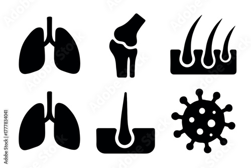 Medical silhouette icons of lungs, hair follicle, joint, and virus for health education