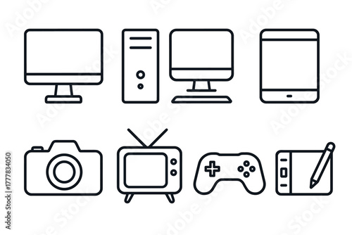 Minimalist technology icons set gadgets and devices in a linear style