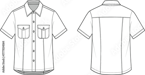 White short sleeve button up shirt front and back fashion flat clothing apparel