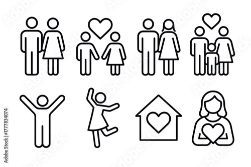 Minimalist family icons heart and home concepts in line art