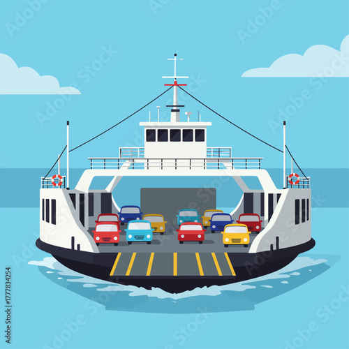Car ferry transporting vehicles across water, maritime transport connecting destinations, blue sky background