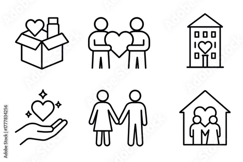 Minimalist symbols of charity and community support with heart motifs