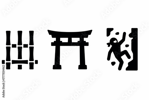 Minimalist icon set bamboo, torii gate, rock climber in silhouette style