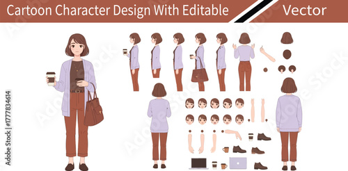 Professional woman character design with multiple poses and wardrobe options for business and career concepts