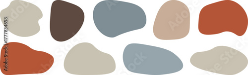 Abstract organic shapes in muted earthy tones and soft blues arranged in a modern artistic composition