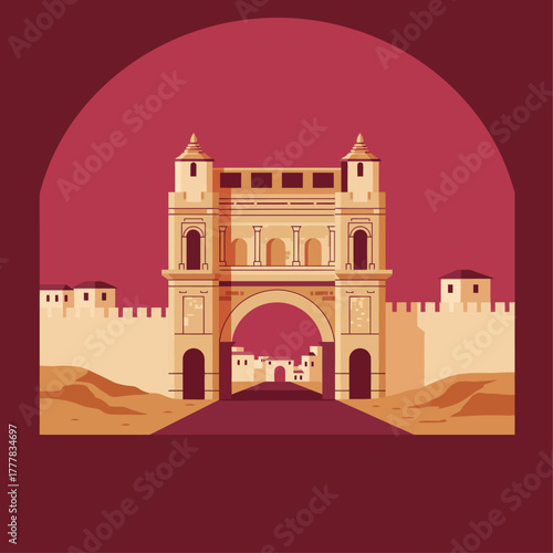 Ancient city gate with fortress walls, historical landmark architecture, cultural heritage illustration