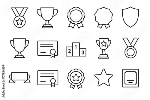 Outline icons of awards and achievements medals, trophies, certificates, and badges